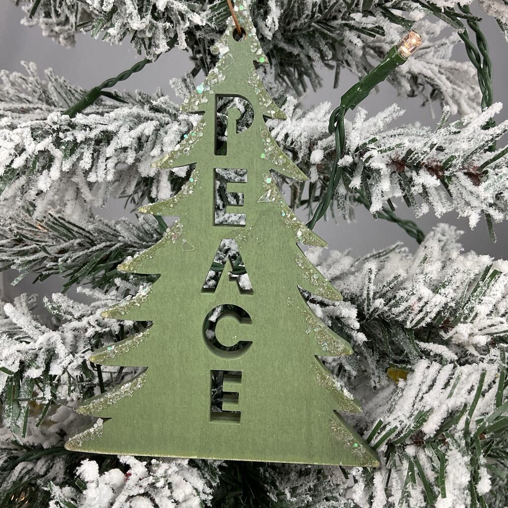 Christmas Ornament-Wooden Green Glittery “PEACE” Tree- The Bridge Collection